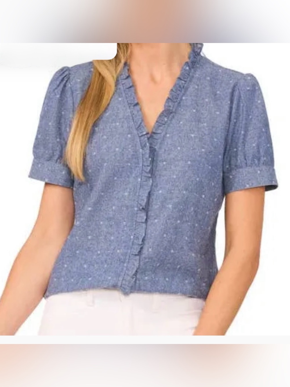 CeCe Ruffle-Trim Chambray Button Up Top size S